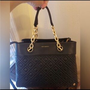 Tory Burch Black Quilted Tote with Gold Accents